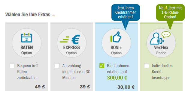 Vexcash Zusatzoptionen